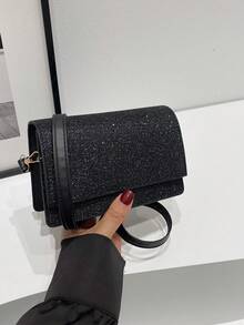 Fashionable Shiny Small Crossbody Bag For Women, Minimalist Sequin Square Shoulder Bag - Black - View 5