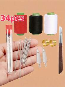 34件/36件缝纫工具套装，适用于手工缝制床垫、鞋子、手工棉被、延长针、大孔针、窗帘针、粗针。 - 36件 - 查看 10