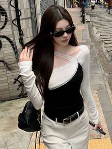 韩版性感撞色蕾丝斜肩长袖T恤，修身收腰设计，显瘦显瘦，春季款 - 黑白拼接 - 查看 7