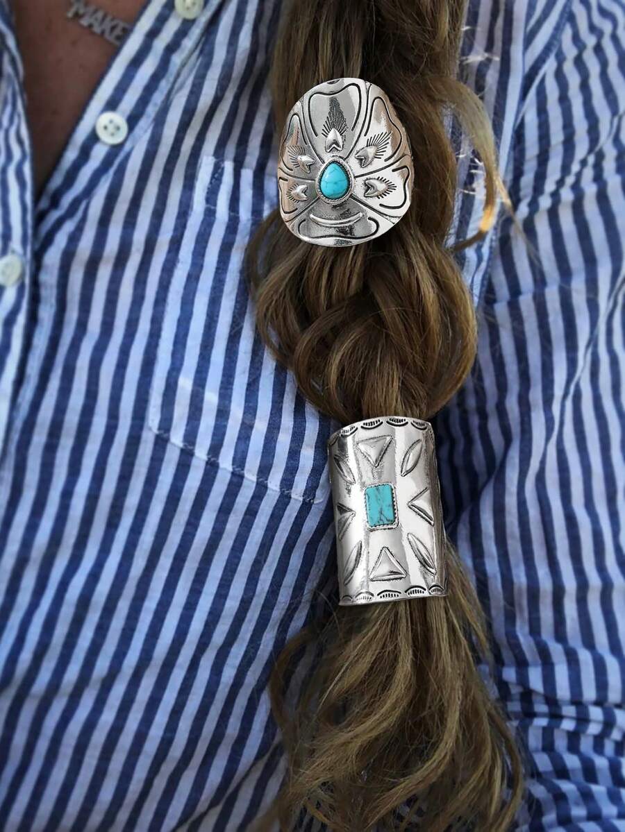 1-2件装女士复古绿松石色长方形/椭圆形西部风发饰发夹、爪夹、发卡、发夹、头饰、发卡 - 彩色 - 查看 1