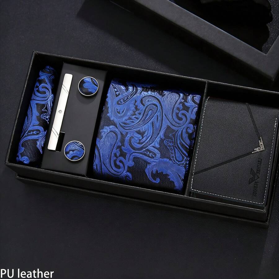 6pcs Men's Elegant Wallet & Tie Gift Set, Perfect Gift For Him On Valentine's Day, Father's Day, Birthday - Black - View 1