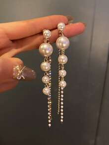 Pearl Long Tassel Earrings With Rhinestones, Luxury Earrings - Pearl - View 2