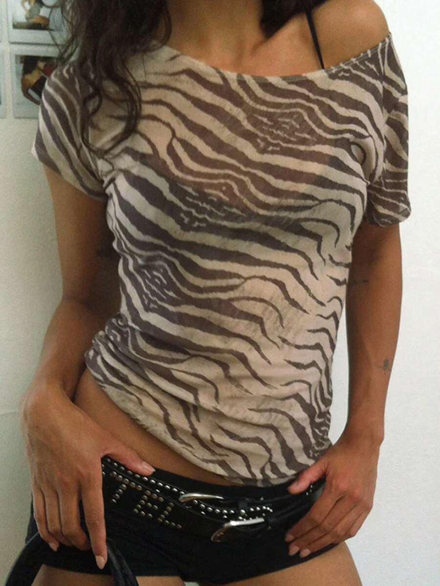 性感夏季女士印花网纱短袖上衣，适合运动和休闲外出穿着 - 棕色 - 查看 1