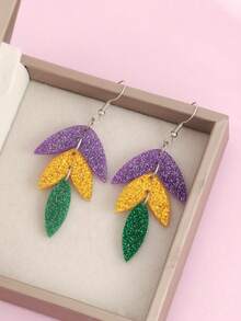 一对嘉年华紫色、黄色和绿色三色叶子亚克力耳环，完美的节日派对饰品