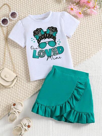 2pcs/Set Girls' Fashionable Cartoon Print Outfit