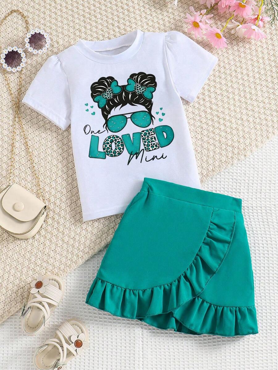 2pcs/Set Girls' Fashionable Cartoon Print Outfit - Green - View 1