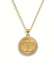 MTOW Fashionable Clavicle Necklace Pendant, Round Coin Pendant Inlaid With Zirconia, Retro Style Necklace - Gold - View 8