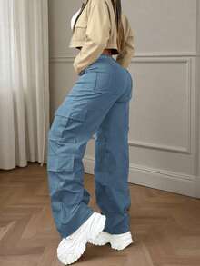 Foggy Blue Multi-Pocket Buttoned Casual Y2K Leisure Elegant And Cute Work Pants. Suitable For Back-To-School, Clubs, Birthday Parties, Halloween, New Year, Thanksgiving, Concerts, Gyms, Beaches, Vacations, Business, Daily Airport Wear, Street Style, Teacher's Day, Spring, Summer, Autumn And Winter.