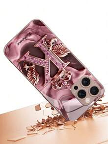 1 pieza Funda de teléfono de vidrio con monograma floral, textura de rosa dorada degradada, con piedras de rhinestone y diseño de texto y letras personalizables, compatible con iPhone, mejor regalo para amigos y familiares - Rosa - Ver 6