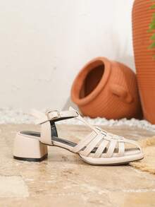 Giày sandal đế xuồng hở mũi cao gót thời trang nữ, giày dệt màu mơ mới cho mùa xuân/hè, sandal đế xuồng hở gót cao gót phù hợp mọi mùa, sandal đế xuồng quai ngang mắt cá chân mũi tròn đa năng, sandal đế xuồng khoét lỗ thoáng khí thoải mái cho đi chơi/nghỉ lễ/ngoài trời. - Màu be - Xem 5