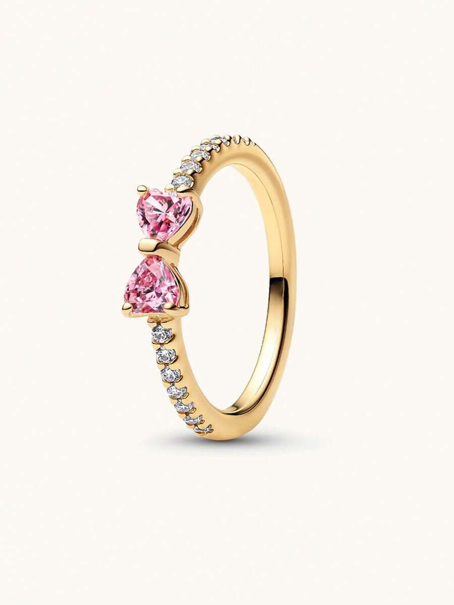 1Pc Fashion High-End Exquisite Luxury Diamond Ring, Pink Bow Diamond Ring, Wedding Ring, Engagement Ring, Suitable As A Beautiful Gift To Witness Love - 金色 - 查看 1