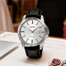 Casio 卡西欧男士商务真皮腕表，白色表盘，日期显示，优雅简约的办公腕表 - 銀色 - 查看 2