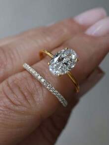 2pcs Luxury Ring Set - Oversized Gemstone Encrusted Full Pave Diamond Stackable Rings, Gold & Silver Open Rings, Bridal Wedding & Anniversary Gift (Women) - Multicolor - View 5