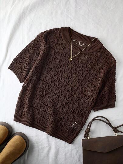 Vintage Hollow-Out Knit Short Sleeve Loose Cover Up For Women