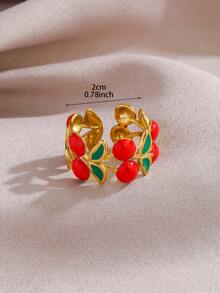 18K Gold Plated Adjustable Stainless Steel Ring, Decorated With Red Cherry Pattern, Suitable For Women's Daily Wear, Non-Fading, Colorful Beach Resort Style Accessory For Spring, Gift For Valentine's Day And Mother's Day - Yellow Gold - View 5