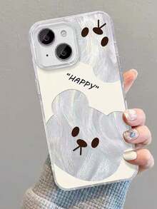 1pc Silver Feather Tulle Cute Cartoon Phone Case With Teddy Bear Design & 3D Metal Stand, Compatible With IPhone 11/12/13/14/15/16/17/Pro Max