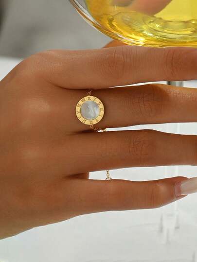 1pc Fashionable Stainless Steel Roman Numerals Ring, Adjustable Chain Ring, Perfect For Women's Daily Wear Or Gifting