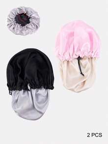 1入組女士雙層緞面睡眠帽，適用於美容，護髮，化療，配有可調節扣環，適用於日常使用的絲綢帽，緞帽 - 黑色 - 查看 4