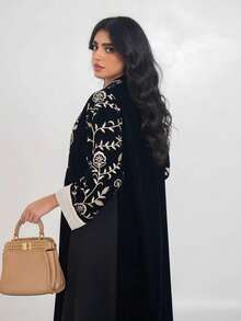 Hafizah 1pc Black Modest Velvet Embroidered Cardigan Abaya Robe - Black - View 8