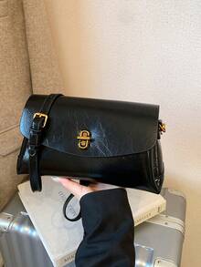 Women's Retro High-Quality Handbag With Flap Closure, Boxy Shape, Metal Hardware, Detachable Shoulder Strap, Casual Daily Use - Black - View 1