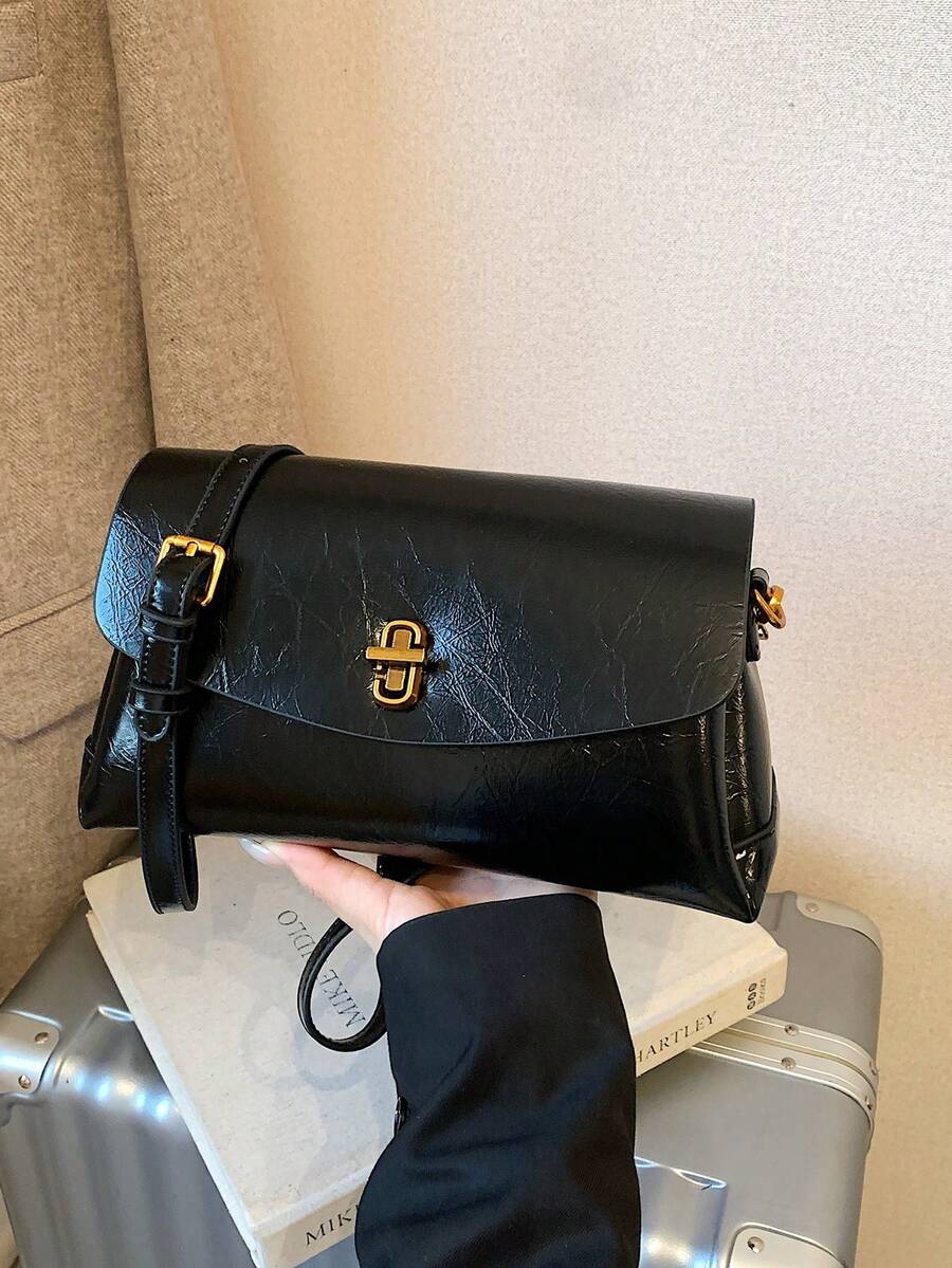 Women's Retro High-Quality Handbag With Flap Closure, Boxy Shape, Metal Hardware, Detachable Shoulder Strap, Casual Daily Use - Black - View 1