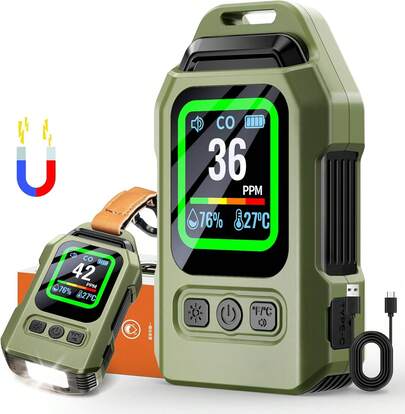 一酸化炭素チェッカー 日本製センサー搭載【340時間連続作動】 4in1 CO濃度/湿度/温度検知 緊急照明機能 充電式 磁石付き 一酸化炭素検知器 COアラーム テント用 一酸化炭素中毒防止 一酸化炭素測定器 100dB大音量 消音機能付き キャンプ/車中泊/家庭用 日本語説明書付き