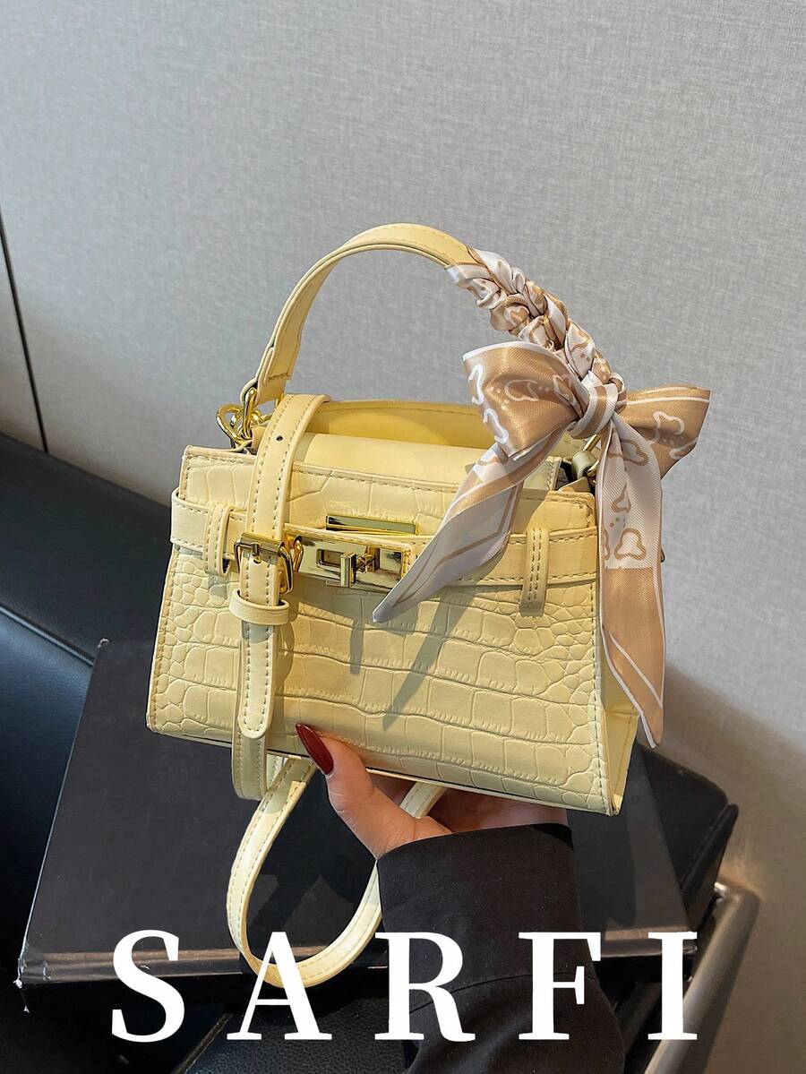 现代时尚丝巾装饰女士手提包，时尚独特的鳄鱼纹压花面料单肩包，可调节肩带，百搭都市通勤风格，适合购物、通勤