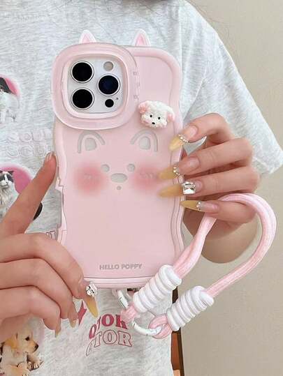1pc Pink Wavy Edge Puppy Ear Bracket Phone Case With Pink Lanyard Strap, Compatible With IPhone 11/12/13/14/15/16/17/Pro Max