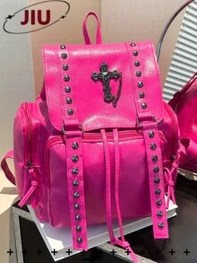 Y2K Street-Style PU Soft Leder Klappe Rucksack Damen Tasche; Multifunktionale stilvolle Nieten Tagstasche; Mehrtaschiger leichter Kordelzug Reisetasche; Große Kapazität einfache Schultasche; Praktische Büchertasche für Studenten, Krankenschwestern, Lehrer, Geschäftsleute, Reisen, Geschäftsreisen, tägliche Fahrten, Einkaufen, Büro, Dates, Wandern, Training, Arbeit, Geburtstagsgeschenke, Urlaubsgeschenke - Verschiedenfarbig - Übersicht 14