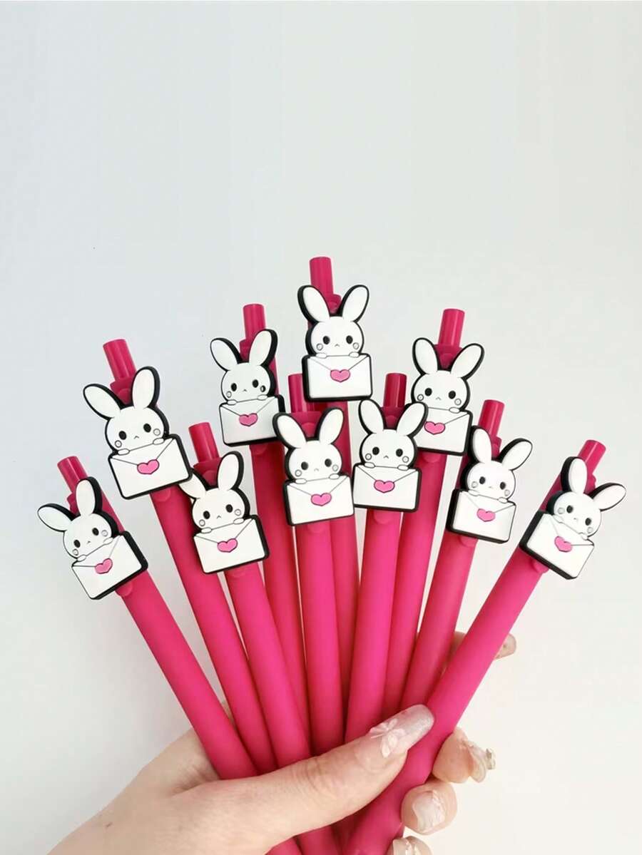 6支装创意可爱情人节红色兔子造型按动式圆珠笔，校园设计爱心兔系列返校季中性笔，颜色随机 - 彩色 - 查看 1