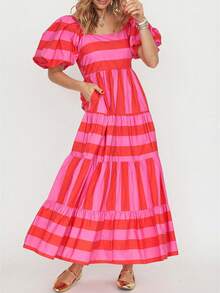 Đầm chữ A phối sọc, cổ vuông, tay phồng, thời trang mới, thanh lịch, thích hợp cho đi biển, lễ hội, đi học, kỳ nghỉ và mặc hàng ngày vào mùa hè. - Đỏ - Xem 3