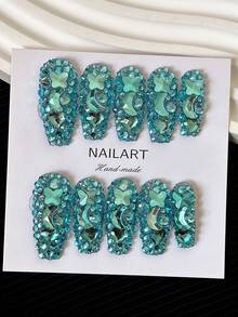 Valentine's Day Coffin Nails Y2K Handmade Press-On Nails With Transparent Tips, Mint Blue Rhinestones & Sparkling Full-Coverage 3D Designs - Full Cover DIY Glitter Artificial Nails, False Nails For Parties, Outdoor, Beach, Daily, Holidays, Gatherings, Work & Special Events - 10pcs/Bag - Mint Blue - View 6