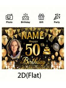 客製化生日快樂背景布，個性化生日橫幅背景，可自訂姓名與照片，黑金主題印製海報，金色亮片元素，慶祝50歲生日，派對掛毯，拍照區背景布 - 彩色 - 查看 7