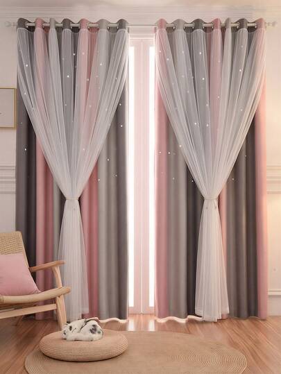 1/2 Paños largo132/160/214cm Cortina Blackout de Doble Capa con Estrellas y Rayas de Colores, Cortinas Opacas y Translúcidas para Ventana, Aislante Térmico y Acústico, Suave Tela Decorativa con Ojales para Barra, Ambiente Romántico y Acogedor para Sala y Recámara, Largo 132/160/214 cm, Colores Rosa, Gris, Morado, Azul y Amarillo Multicolor