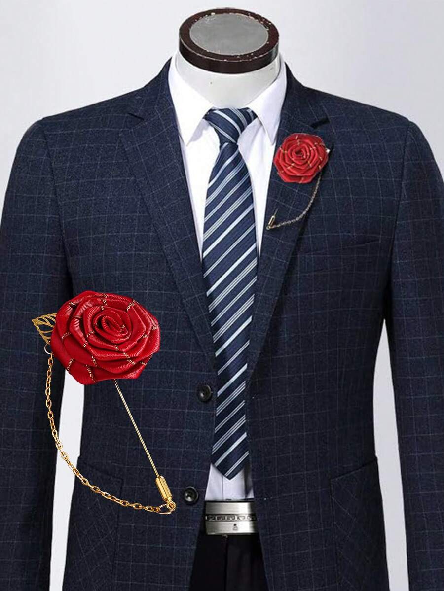 1pc Men's Rose Flower With Golden Leaf Brooch, Suit Lapel Pin, Wedding Brooch, Rose Brooch, Fabric Rose Flower With Golden Leaf Brooch, Men's Rose Flower Lapel Pin, Wedding Accessory/Suit Lapel Flower, Wedding Party Brooch - Multicolor - View 1
