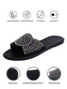 女士圆头平底软皮凉鞋，饰有水钻，波西米亚风露趾拖鞋，夏季度假风，适合户外穿着，性感时尚的派对鞋，纯色，舒适轻便。 - 黑色 - 查看 5