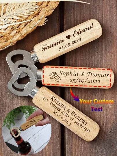 Customized Text/Logo Wooden Bottle Opener, Personalized Wedding Gift And Party Favor, Groomsmen/Bridesmaids Gift, Father's Day Gift For Dad, Stainless Steel And Wood Kitchen Tool