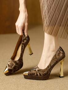 Women's Fashion Shoes, New Spring/Autumn European And American Style Party Shoes, Thick Bottom Metallic Pointed Toe Leopard Print Super High Heel Slip-On Pumps, Suitable For Casual, Holiday, Party, Date - Brown - View 5