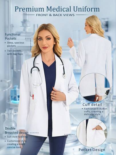 cimmuovere 여성용 긴소매 오픈 프론트 스크럽 간호사 스크럽 작업복 치과 의료 PET 동물 병원 실험실 코트