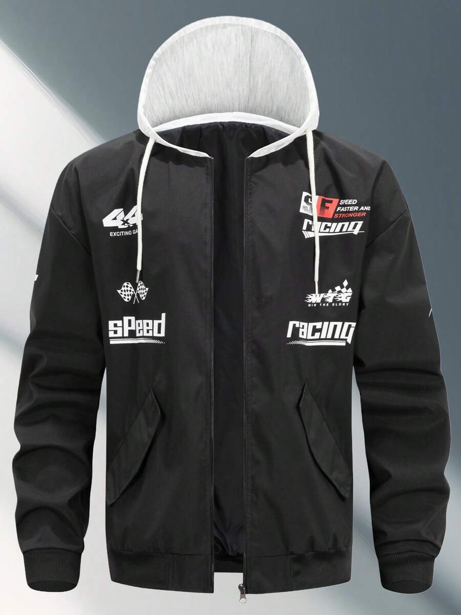 Men's Racing Graphic Hooded Jacket | Spring/Summer Streetwear Windbreaker - Black - View 1