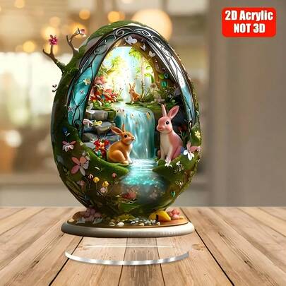 2D Flat, 2D Acrylic Material Bohemian Style Acrylic Easter Spring Landscape Egg And Rabbit Decoration - Suitable For Home, Office Or Cafe, Multi-Purpose Desktop Decoration, Spring Prosperity And Joyful Easter Atmosphere,