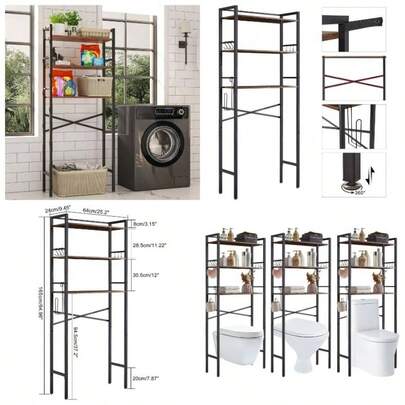 Over Toilet Storage, 3 Tier Bathroom Organizer Shelf, Freestanding Space Saver With Toilet Paper Holder, Multifunctional Toilet Storage Rack 64*24*165CM Rustic Brown HBR005H