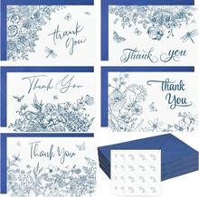 Motiskyy 50 Set Christmas Thanksgiving Greeting Cards With Envelopes &Amp; Stickers 4 X 6 In Vintage Christmas Thank You Cards Blank Notes For Wedding Bridal Birthday Holiday Religious Party Supplies - Blue Flower - 查看 1