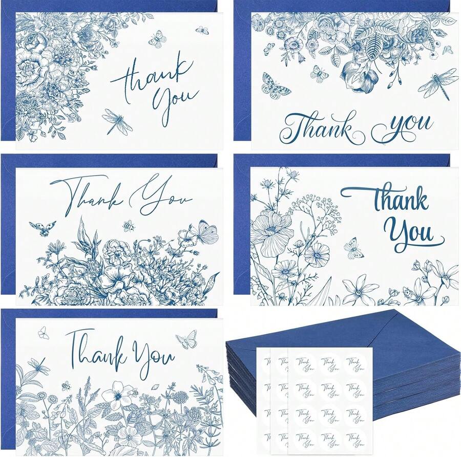 Motiskyy 50 Set Christmas Thanksgiving Greeting Cards With Envelopes &Amp; Stickers 4 X 6 In Vintage Christmas Thank You Cards Blank Notes For Wedding Bridal Birthday Holiday Religious Party Supplies - Blue Flower - 查看 1