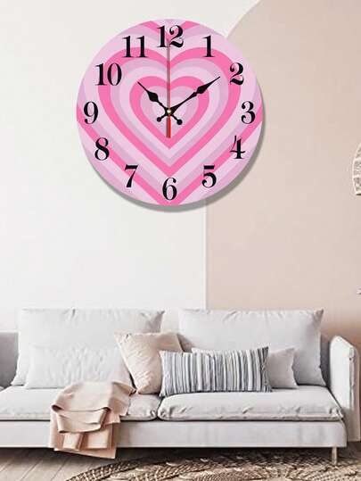 1个粉色爱心木质挂钟 - 浪漫情人节装饰，爱心设计，适用于客厅、卧室、厨房、办公室 - 不含电池 - 无边框设计，是圣诞节、新年、情人节的理想礼物，也是精美的墙面装饰钟。