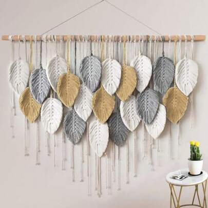 CYPNLímite-MX Tapiz Grande de Macramé Bohemio Tejido a Mano para Colgar en la pared Hojas Grandes y Elegantes Arte de Pared Tejido Tapiz con Borlas de Hojas para Hogar Recámara Galería Apartamento Ash AmarilloFashion