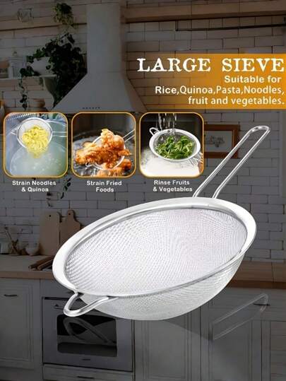 1pc Fine Mesh Strainer, Stainless Steel Filter Screen With Reinforced Frame And Sturdy Handle, Suitable For Sifting, Filtering, Draining And Rinsing Vegetables, Pasta, Fried Foods, Flour