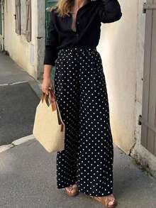Women's Casual Elegant Street Style Polka Dot Print Wide Leg Pants, Spring/Summer - Black - View 2