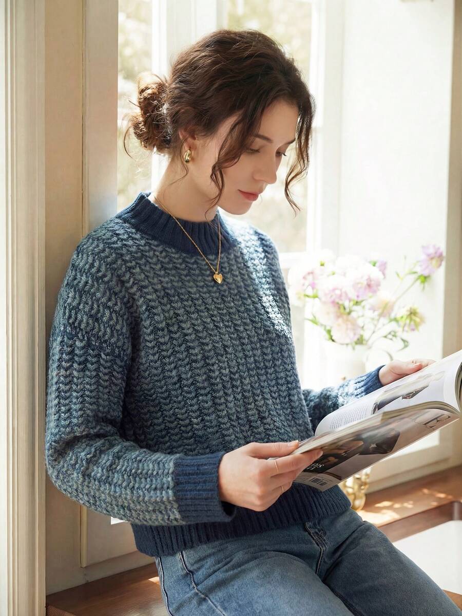 Knit Mix 女士休闲针织毛衣，圆领长袖套头衫，秋冬季时尚百搭，随机图案，宽松版型，春季情人节礼物，返校季秋季必备