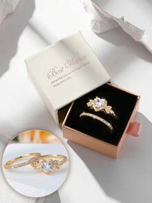 Conjunto de anéis com decoração de coração em zircônia cúbica, elegante e em caixa de presente. Joias femininas para casamento, festa e banquete. Material em cobre, resistente ao desbotamento e antialérgico. Presente ideal para as festas de fim de ano. - Ouro - Ver 13